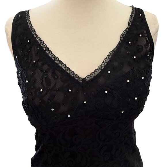 Black Y2K‎ Sleeveless Formal Dress Sequin Lace Bodice Babydoll V Neck & Back 8 - Picture 9 of 11